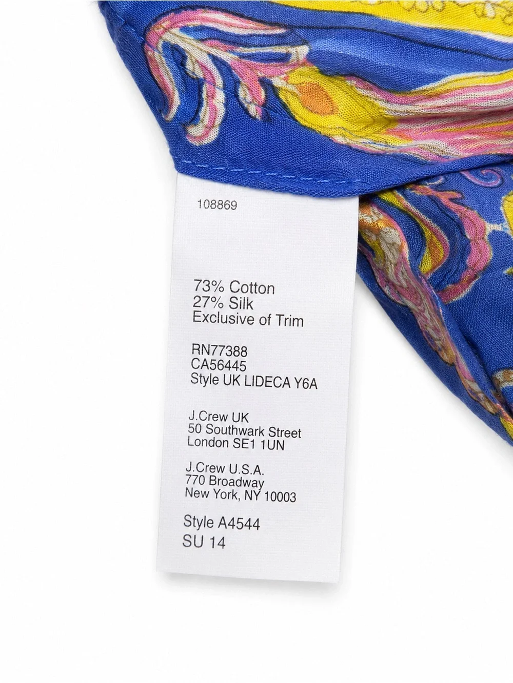 J.Crew 100% Silk Paisley Tunic Blouse Blue Multicolor Striped Trim XS